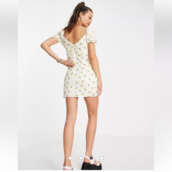 New! Topshop ruched front lemon mini dress textured cloth multi 28284 - Picture 3 of 14